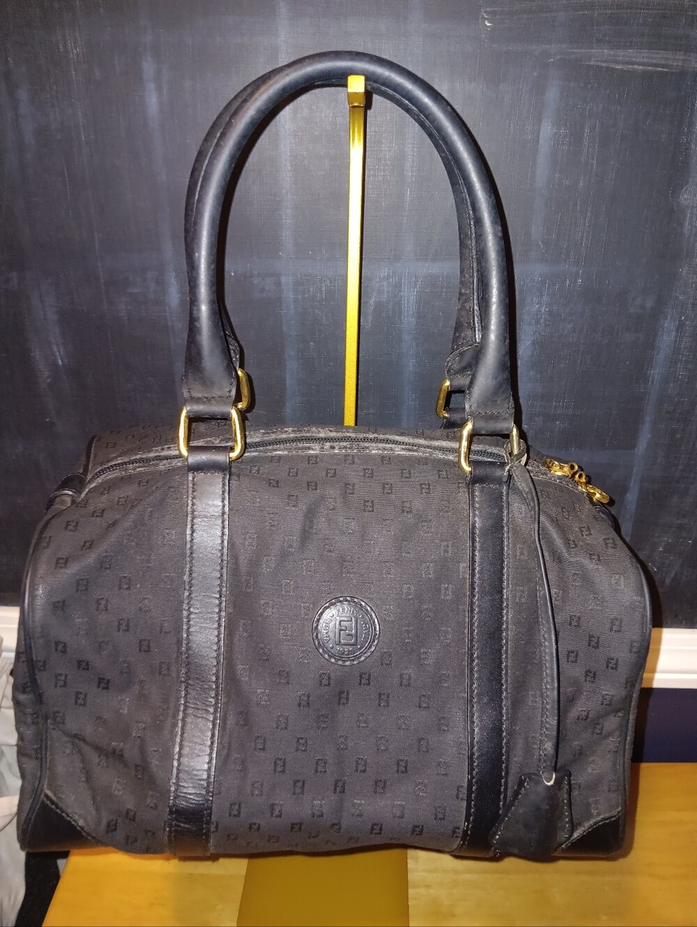 Fendi FF Vintage Black Monigram Canvas Boston Bag